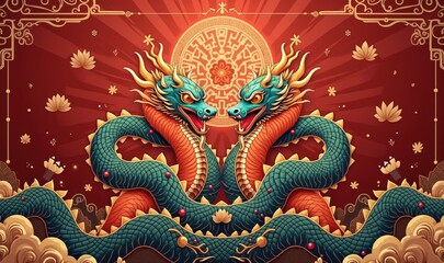 Obraz premium Vibrant illustration of two majestic dragons against a rich red backdrop, symbolizing prosperity and strength, ideal for cultural events and promotional materials.