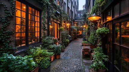 Fototapeta premium Charming Cobblestone Alleyway Illuminated Evening Ambiance