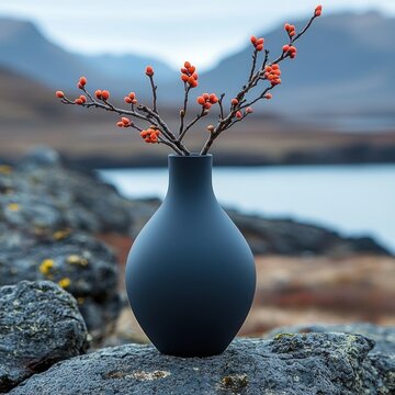 Dark Vase Holds Branch With Red Berries Scenic Background