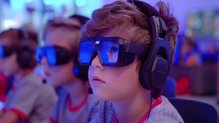 Young boy engaged in e learning with headphones and glasses in a modern classroom environment
