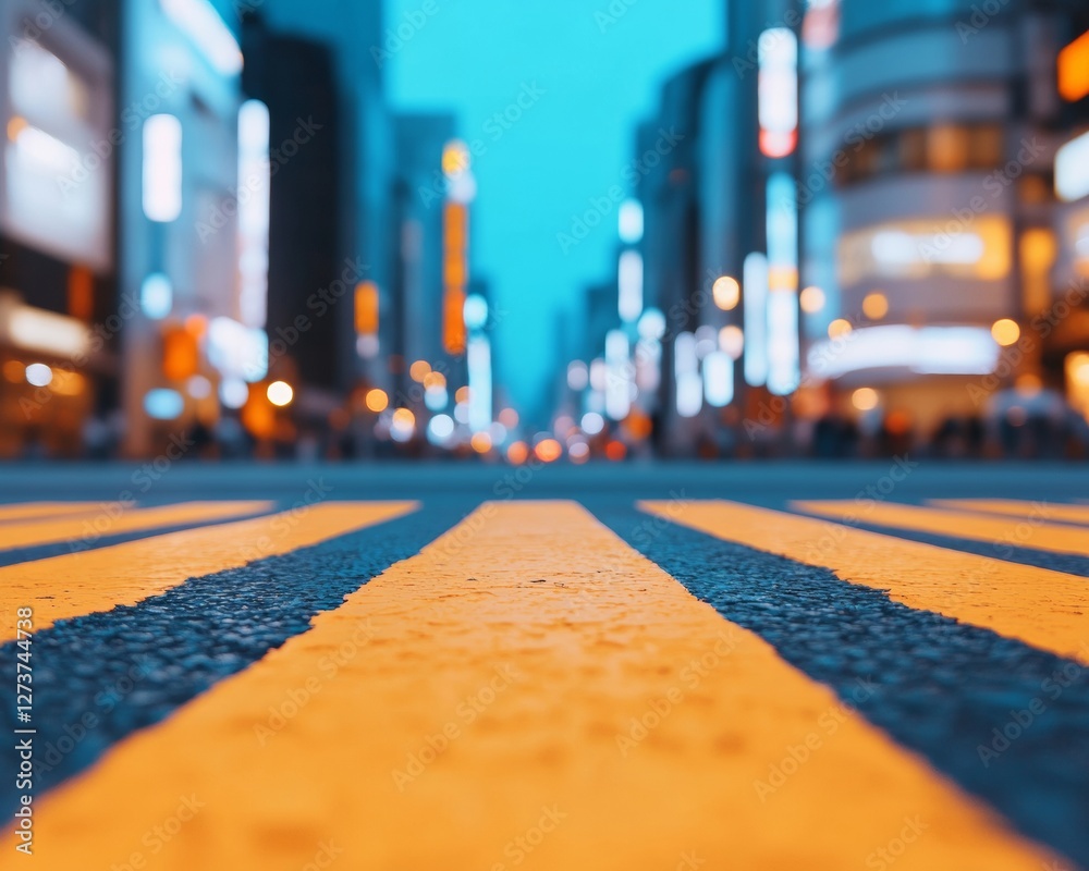 Poster neon urban nightscape vibrant crosswalk reflections and towering architecture - dynamic cityscape in