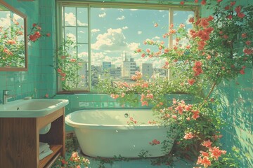 This anime visual novel game is generated by Ai and features a unique bathroom setting with abundant sunlight