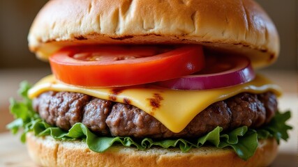 Juicy Cheeseburger with Fresh Vegetables in Soft Bun
