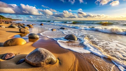 Serene Beach Scene with Smooth Stones and Gentle Ocean Waves