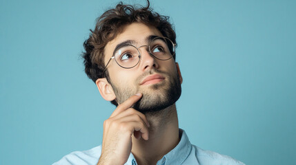 Thoughtful young man with curly hair and round glasses gazing upward in contemplation