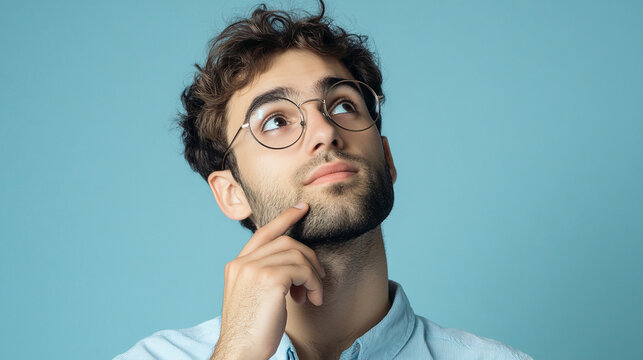 Thoughtful young man with curly hair and round glasses gazing upward in contemplation