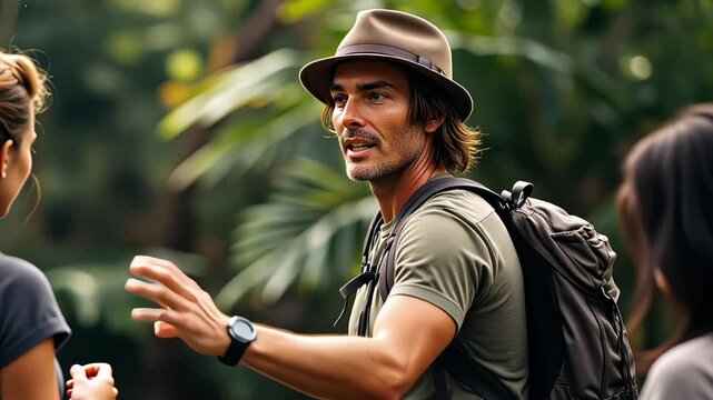 Eco tourism guide leading group of tourists through a protected tropical rainforest to explore the rich biodiversity and natural beauty
