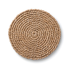 Obraz premium Round woven rattan placemat with a spiral pattern the placemat is a light brown color isolated on white