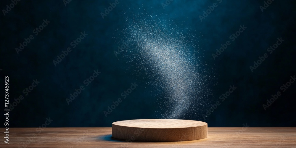 Aufkleber Ethereal Magic Display Cascading Sparkles on Wooden Platform with Theatrical Curtain Entertainment Content for Illusionists and Event Decor Styling Visuals