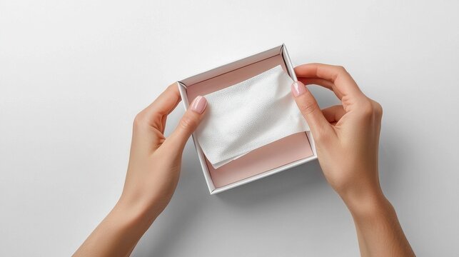 Overhead shot of hands carefully placing a shimmering silver crinkled paper into a small, pale pink lined white gift box on a light gray surface.