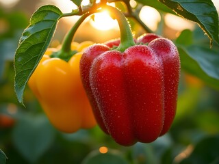 Close-up of fresh organic red and yellow bell peppers on plant in sunrise with dewdrops, natural farm-grown produce
