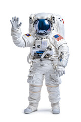 Astronaut in space suit waving hand isolated on white background