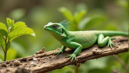 Obraz premium Vibrant Green Lizard Posing on Branch Among Lush Green Foliage