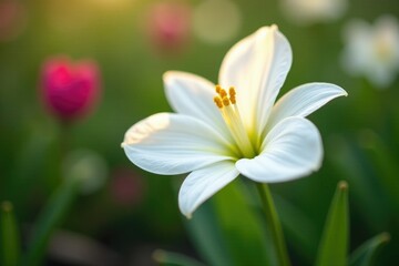 Fototapeta premium White corolla flower with visible yellow stamens on a green stem, garden, spring