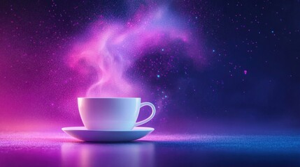 White coffee cup on saucer emitting magical purple and pink glitter, dark background with vibrant lighting.