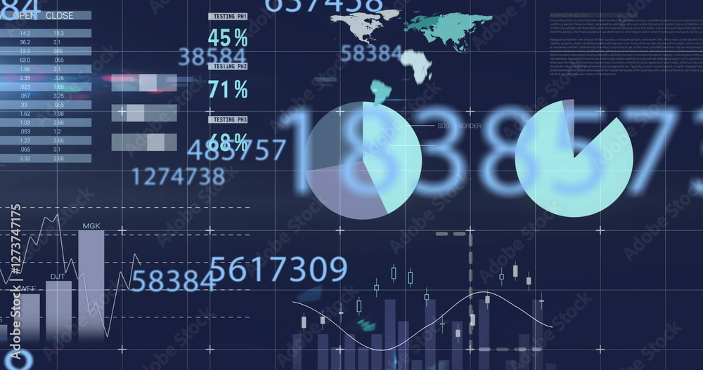 Poster image of digital data processing and numbers over grid on dark background
