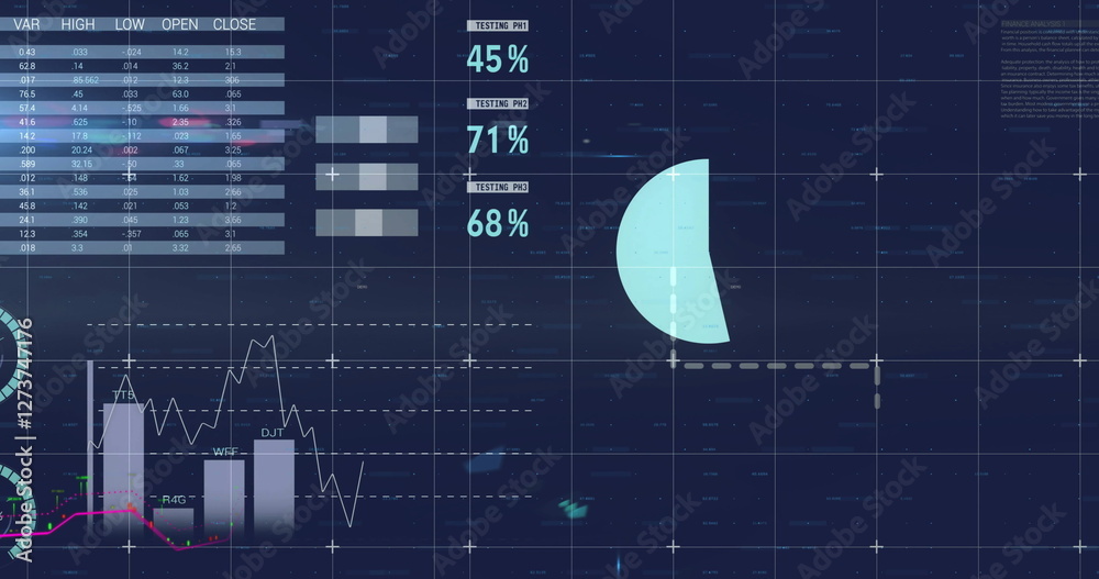 Poster image of digital data processing over grid on dark background