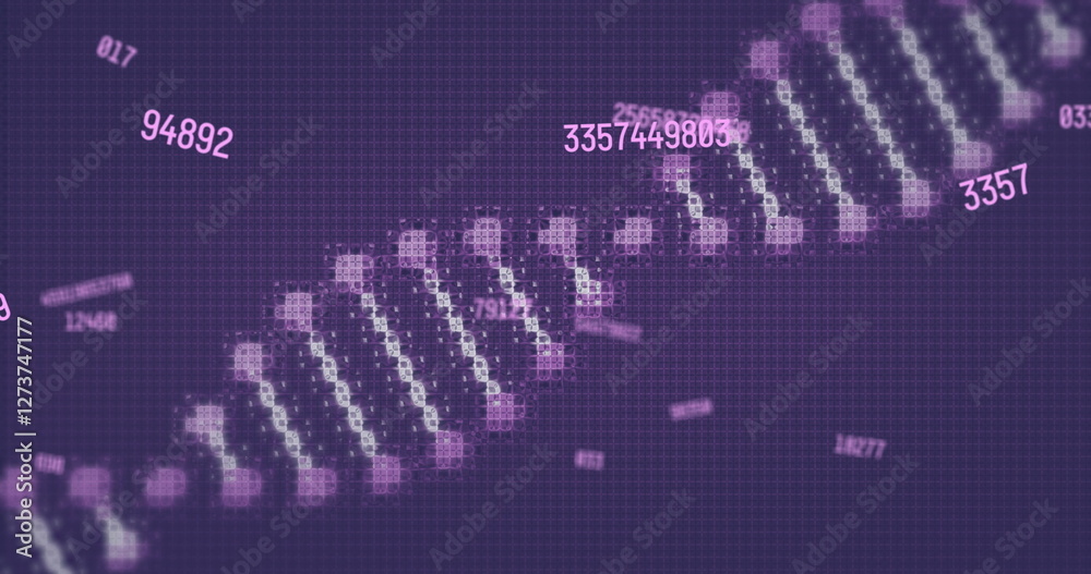 Wall mural image of digital data processing and dna strand on dark background