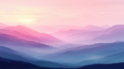 Fototapeta premium Pink and purple sunrise over a misty mountain range. Soft, pastel colors dominate the image, creating a serene and peaceful atmosphere. Layers of mountains fade into the misty horizon. 