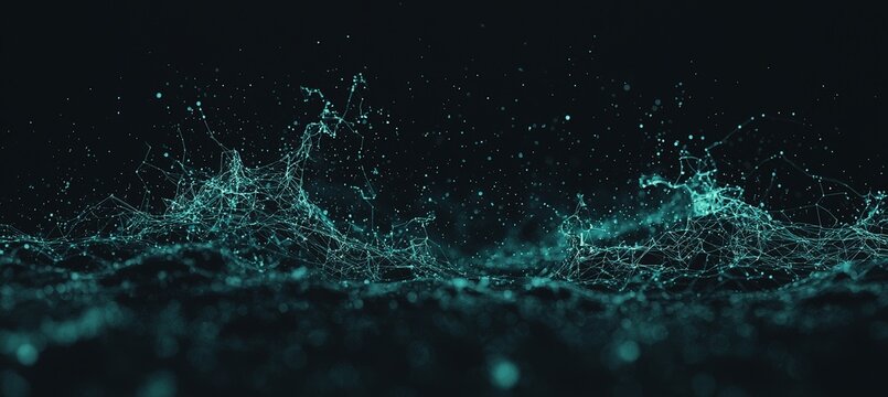 A dreamscape of cybernetic origin begins to materialize as neon lines converge to form a complex technical framework, bathed in hues of blue and green