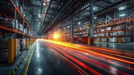 Fototapeta premium Night Warehouse Dynamic Red And Orange Light Trails On Wet Floor