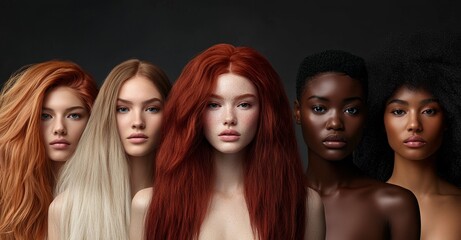 Obraz premium Five models representing different ethnicities and displaying a range of hairstyles are captured in a studio photography setting