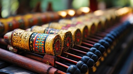 Naklejka premium Close-up of intricately decorated musical instruments, showcasing vibrant colors and intricate craftsmanship. 