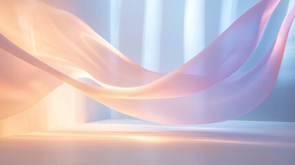 Fototapeta premium Soft, flowing pastel pink and peach fabric drapes elegantly across a bright white surface, illuminated by soft, warm light. The sheer material creates delicate shadows and highlights.