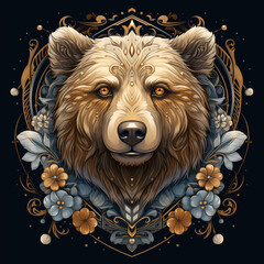 bear portrait in ethereal style with delicate floral elements for mystical t-shirt design