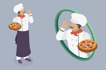 Italian chef with pizza. 3d vector flat isometric illustration.