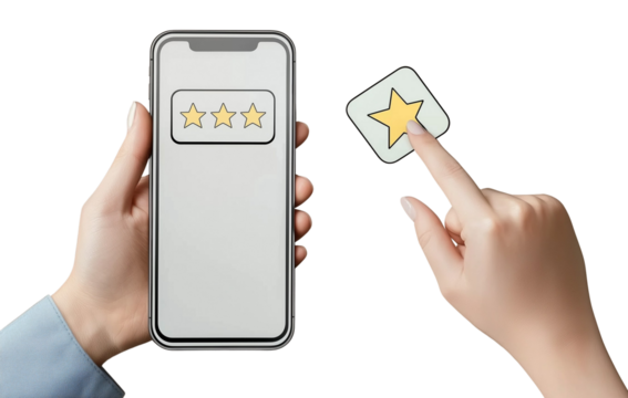 Sticker of a hand holding a phone with a five-star rating on the screen