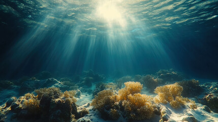 Beneath ocean, sunlight filters through water, illuminating coral reefs