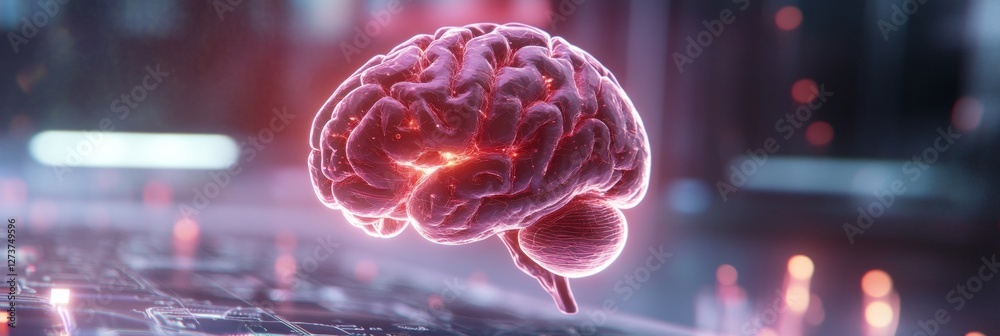 Poster futuristic holographic brain display in digital healthcare innovation neon aesthetics for modern med