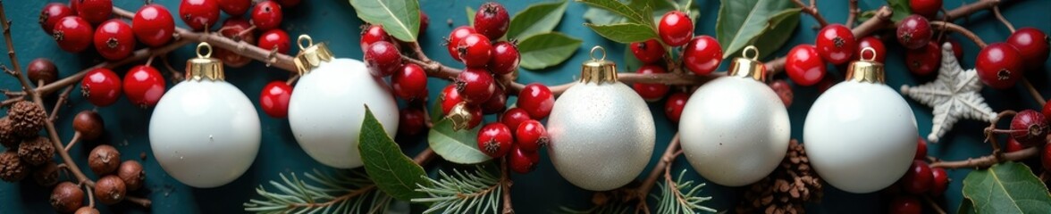 White ornaments and bright red berries on a bare twig in a festive arrangement, seasonal, holiday cheer