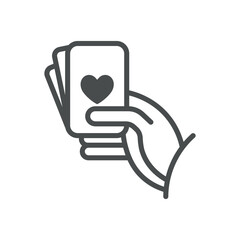 Hand Holding Playing Cards Icon. Thin Line Illustration of Hand Holding Cards Fan with Heart Suit, Symbolizing Gambling, Luck, and Strategy. Isolated Outline Vector Sign.