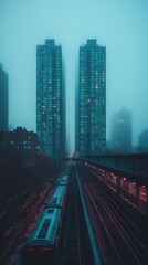 Fototapeta premium Cityscape Train Tracks Foggy Towers Evening Commute