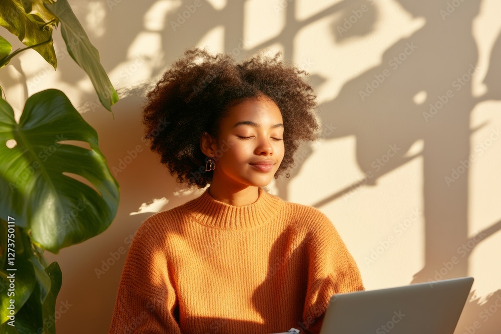 Poster serene home study afro-latina student in cozy knit solving math with laptop - e-learning trend and r