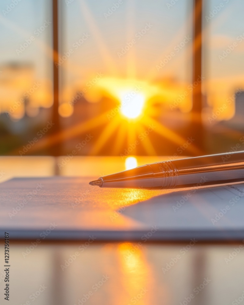Poster golden hour desk scene strategic document with pen on reflective surface - modern business communica