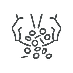 Winning Money Icon. Thin Line Illustration of Coins in hands and Dropping Coins, Symbolizing Gambling Winnings, Luck, Jackpot or Financial Loss. Isolated Outline Vector Sign.
