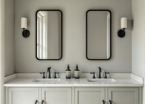 A modern bathroom vanity with two sinks, each equipped with a black faucet. Above the vanity are two rectangular mirrors with black frames, and on either side there are sconces with white shades..