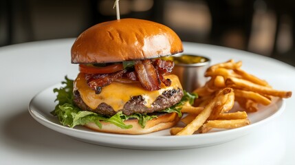 A Gourmet Cheeseburger with Melted Cheddar, Crispy Bacon, and Lettuce