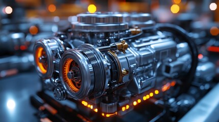 Fototapeta premium A detailed overview of the high-performance engine demonstrates the complex components that highlight modern technology.