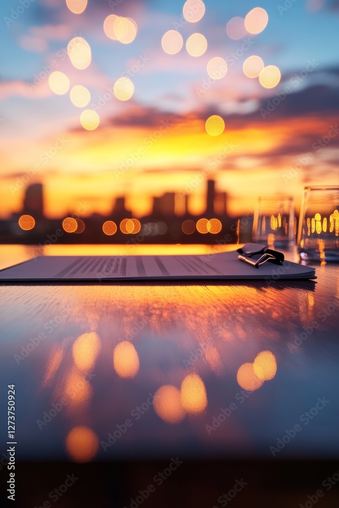 Aufkleber ambient corporate meeting setup modern desk at sunset with document and glass reflections business i