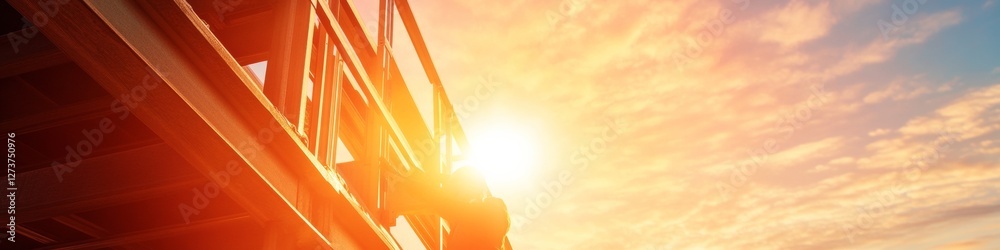 Poster golden hour construction review engineers in safety gear analyzing structural plans on scaffolding -