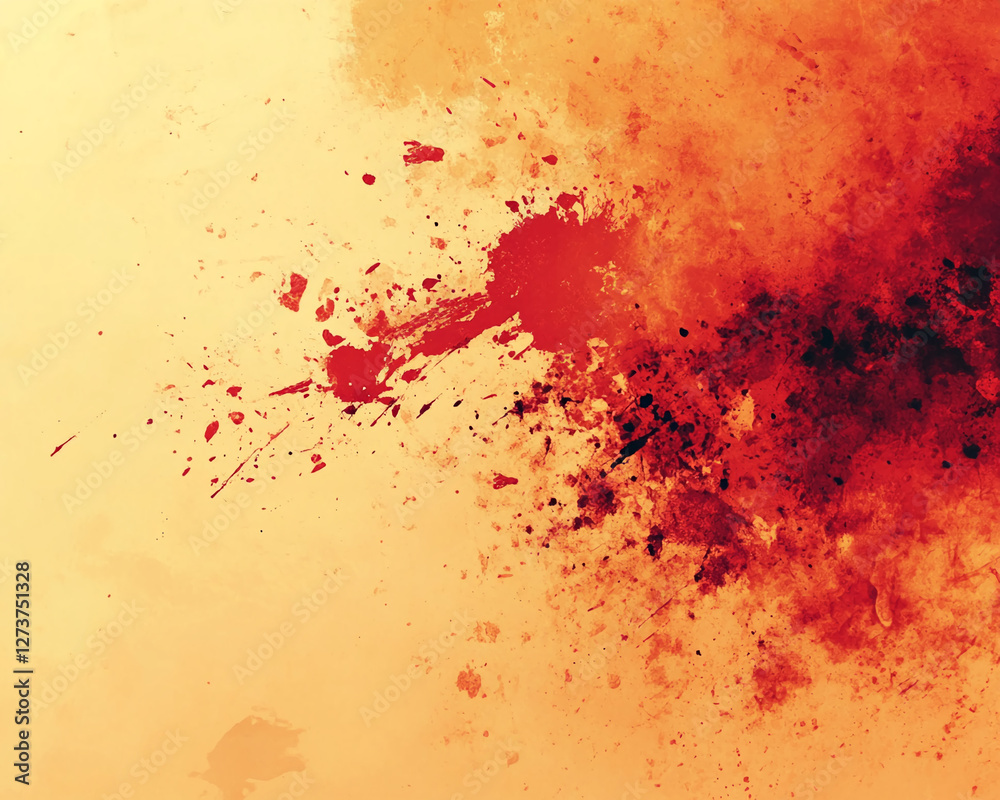 Aufkleber Abstract red and orange paint splashes and brushstrokes on a yellow background, creating a dynamic and fiery visual effect that symbolizes energy, passion, and creative expression.
