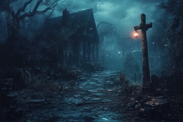 Naklejka premium Eerie, dark night path leads to a mysterious house.
