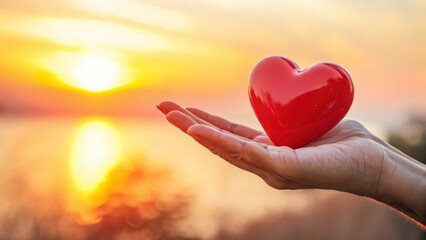 Fototapeta premium a red heart on the palm of your hand at sunset