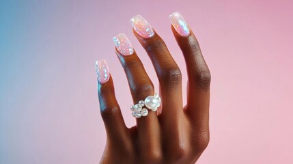 Opulent Nail Art Showcase Elegant Pink Nails with Pearls and Gold Highlights - Dynamic Beauty Content and Fashion Marketing for Modern Campaigns