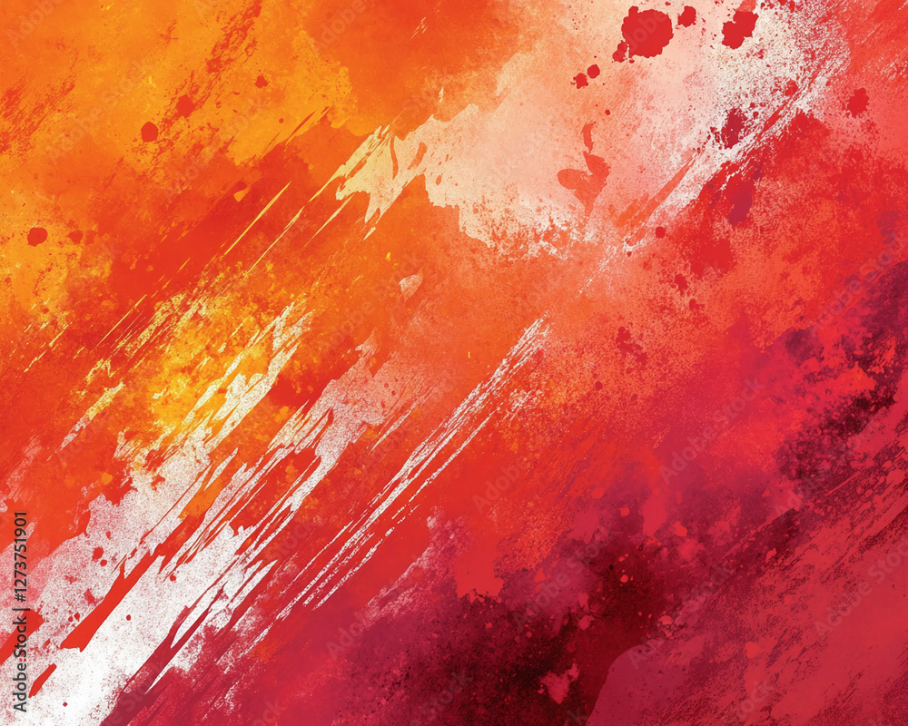 Poster abstract red and orange paint strokes and splashes on a white background, symbolizing energy, moveme