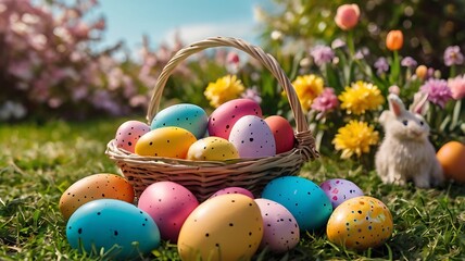 Easter egg hunt in sunlit park with decorated baskets